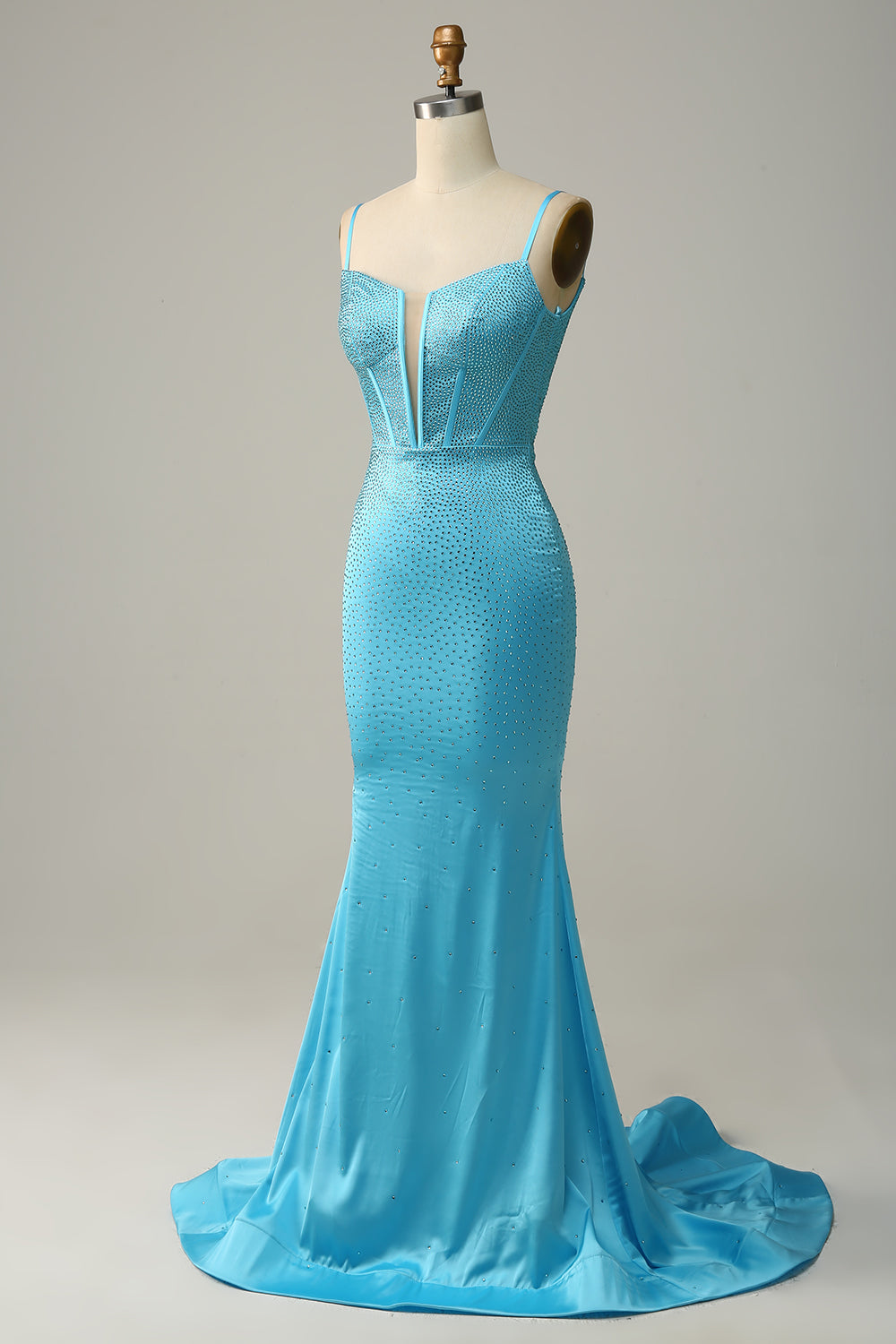 Sirena Tirantes de Espagueti Azul Vestido de Fiesta Con Cuentas
