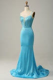 Sirena Tirantes de Espagueti Azul Vestido de Fiesta Con Cuentas