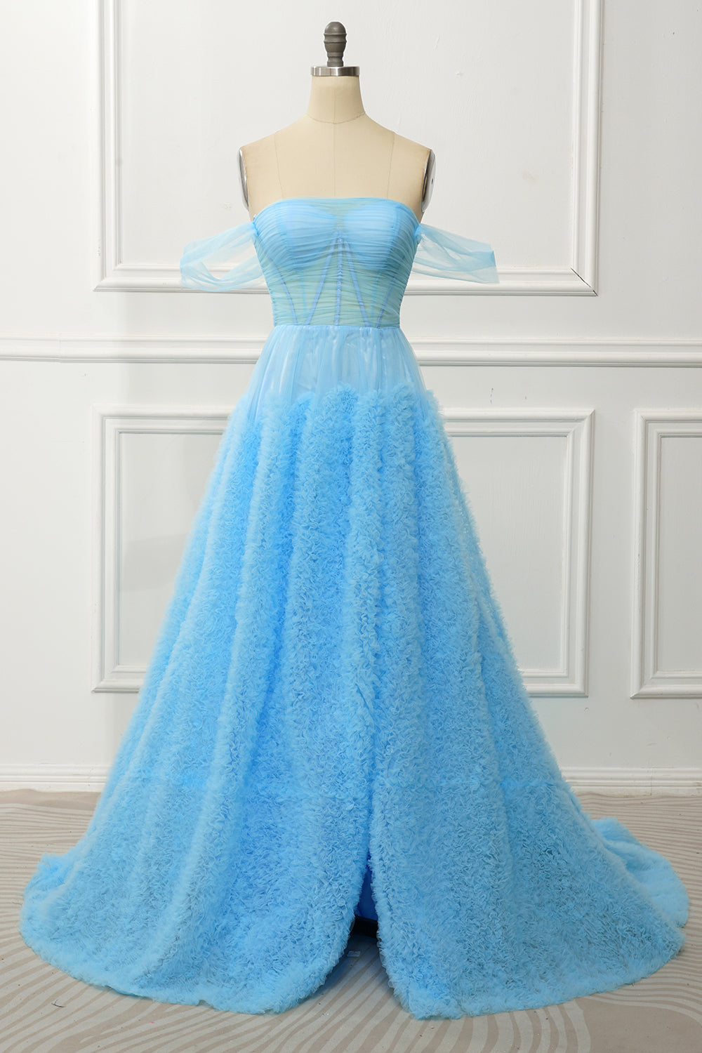 A Línea Fuera del Hombro Azul Vestido de Graduación