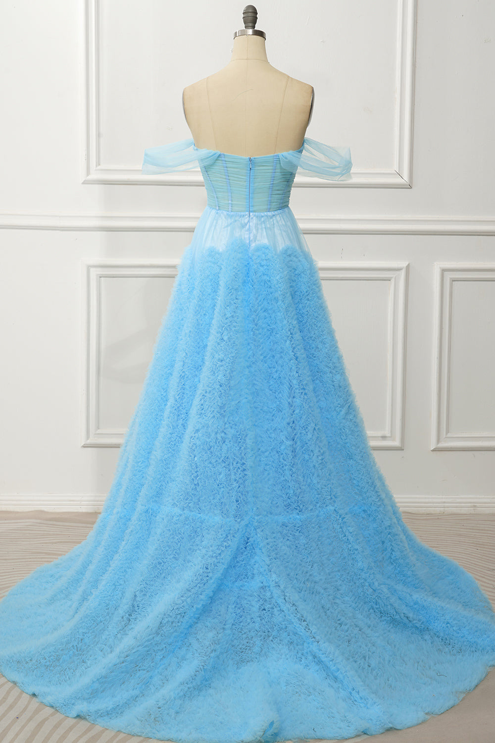 A Línea Fuera del Hombro Azul Vestido de Graduación