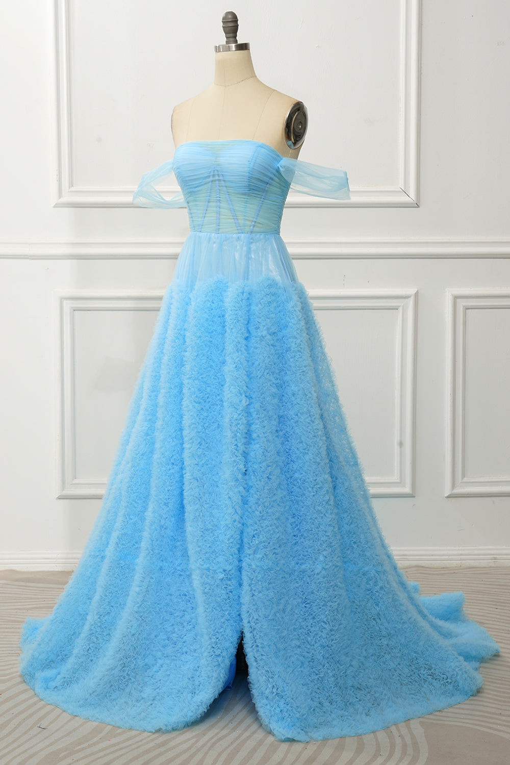 A Línea Fuera del Hombro Azul Vestido de Graduación
