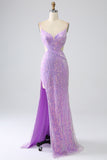 Vestido de fiesta de lentejuelas de lentejuelas con correas de sirena brillante con abertura