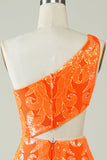 Orange One Shoulder Glitter Homecoming Vestido con hueco