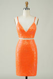 Vestido ajustado de lentejuelas naranjas de dos piezas