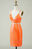 Vestido ajustado de lentejuelas naranjas de dos piezas