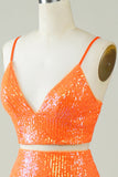 Vestido ajustado de lentejuelas naranjas de dos piezas