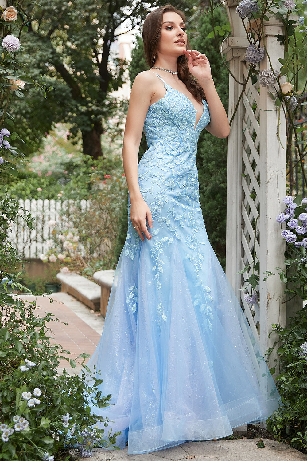 Sirena Azul Cuello en V Vestido de Fiesta