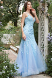 Sirena Azul Cuello en V Vestido de Fiesta