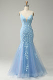 Tirantes de Espagueti Sirena Púrpura Vestido de Fiesta Con Apliques