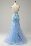 Tirantes de Espagueti Sirena Púrpura Vestido de Fiesta Con Apliques