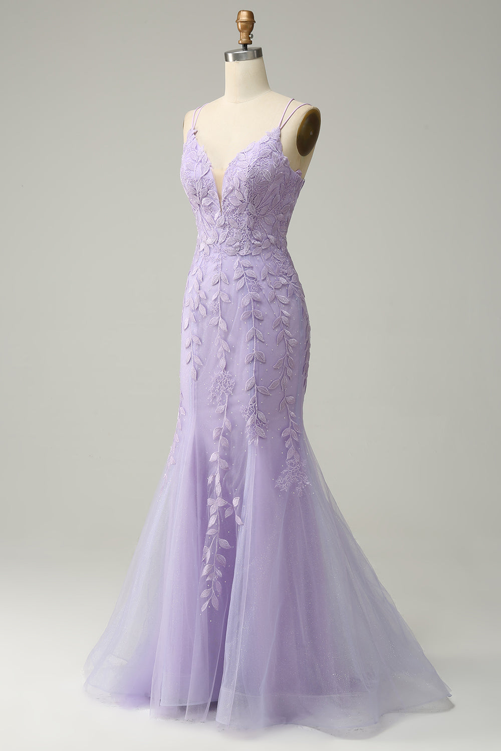 Tirantes de Espagueti Sirena Púrpura Vestido de Fiesta Con Apliques