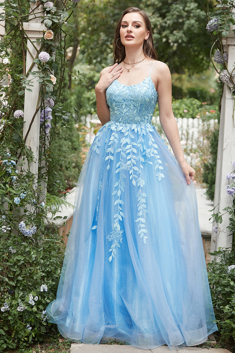 A Línea Tirantes de Espagueti Vestido Azul de Graduación Con Apliques