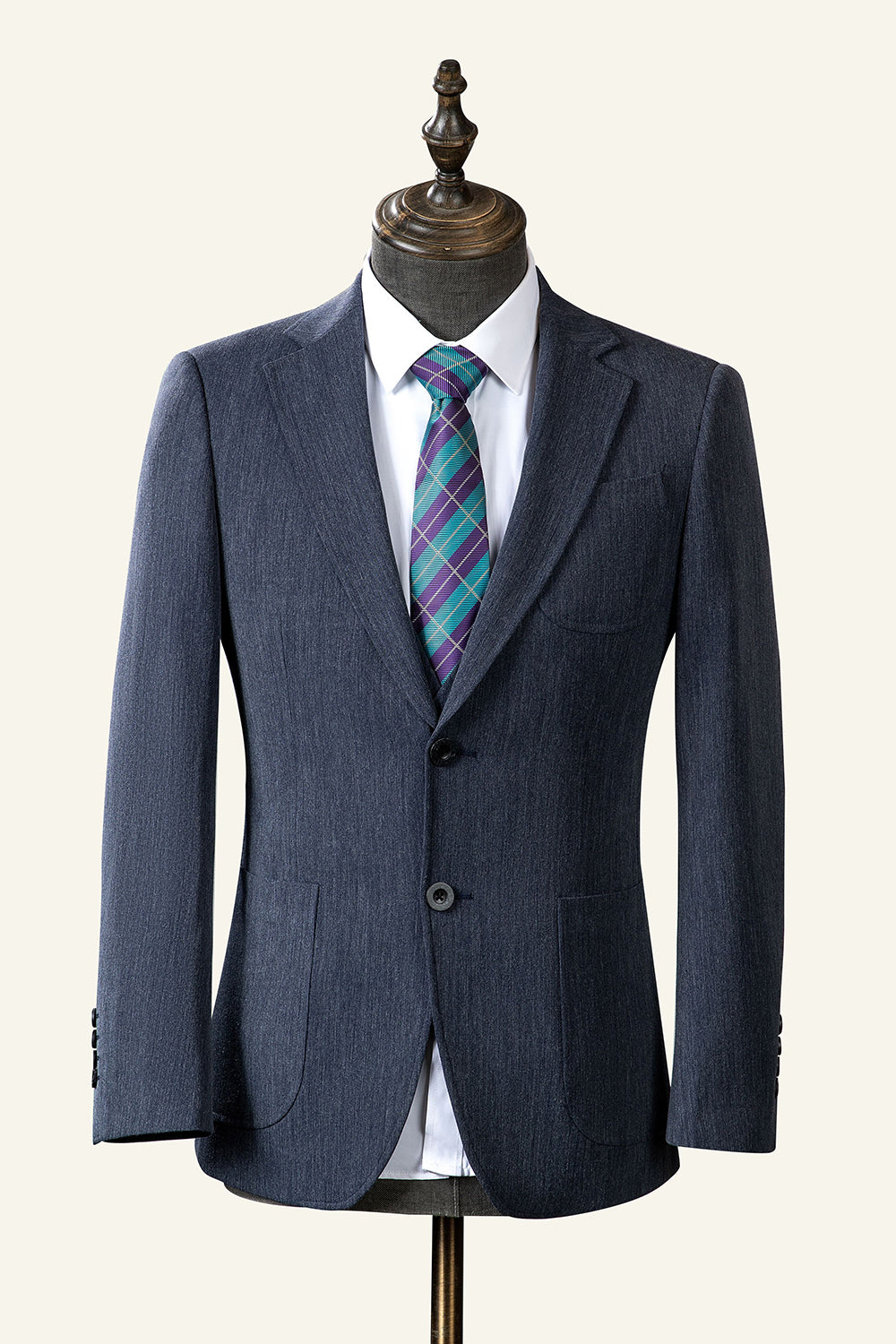 Traje Masculino Gris Azul Solapa de Muescas 3 Piezas