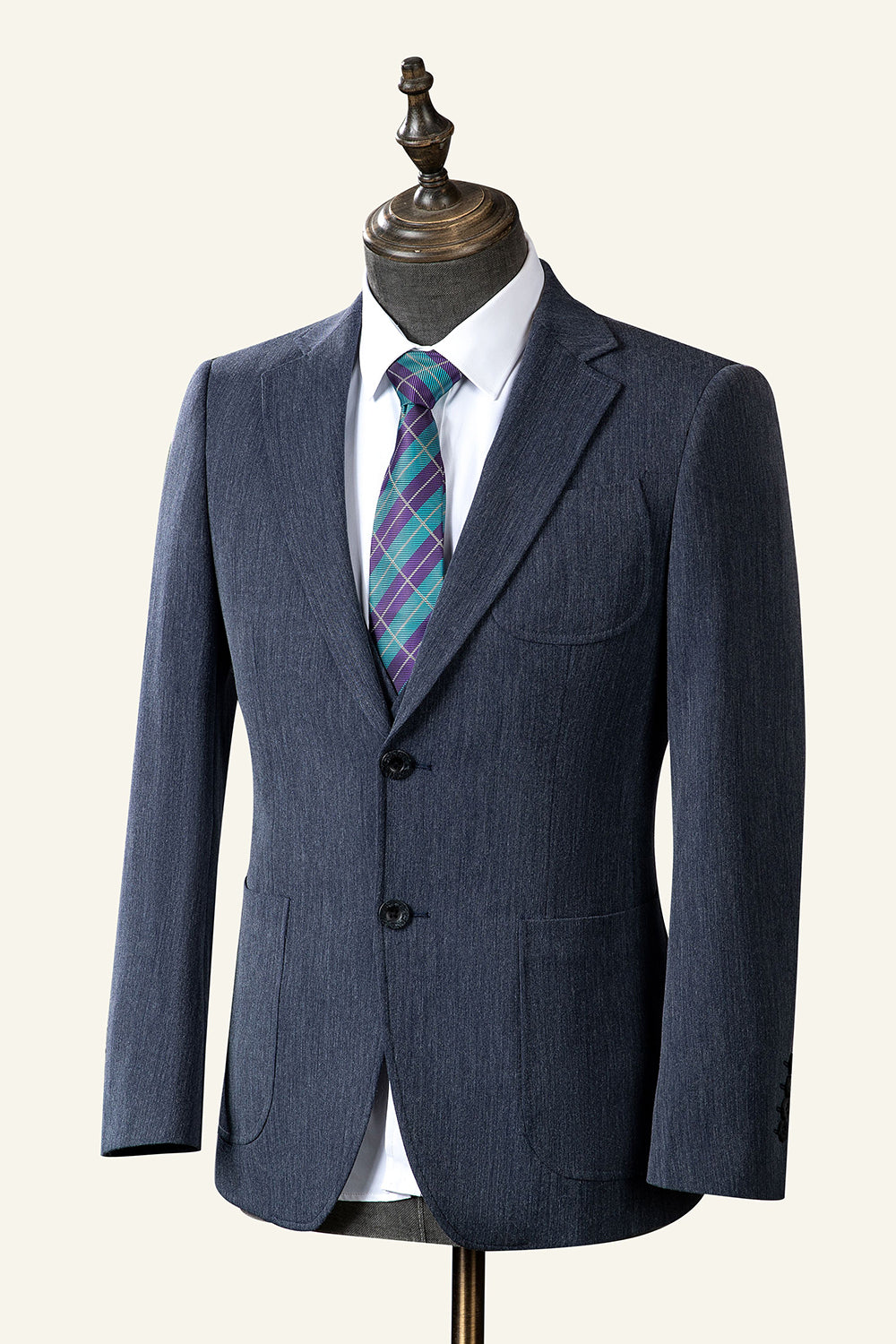Traje Masculino Gris Azul Solapa de Muescas 3 Piezas