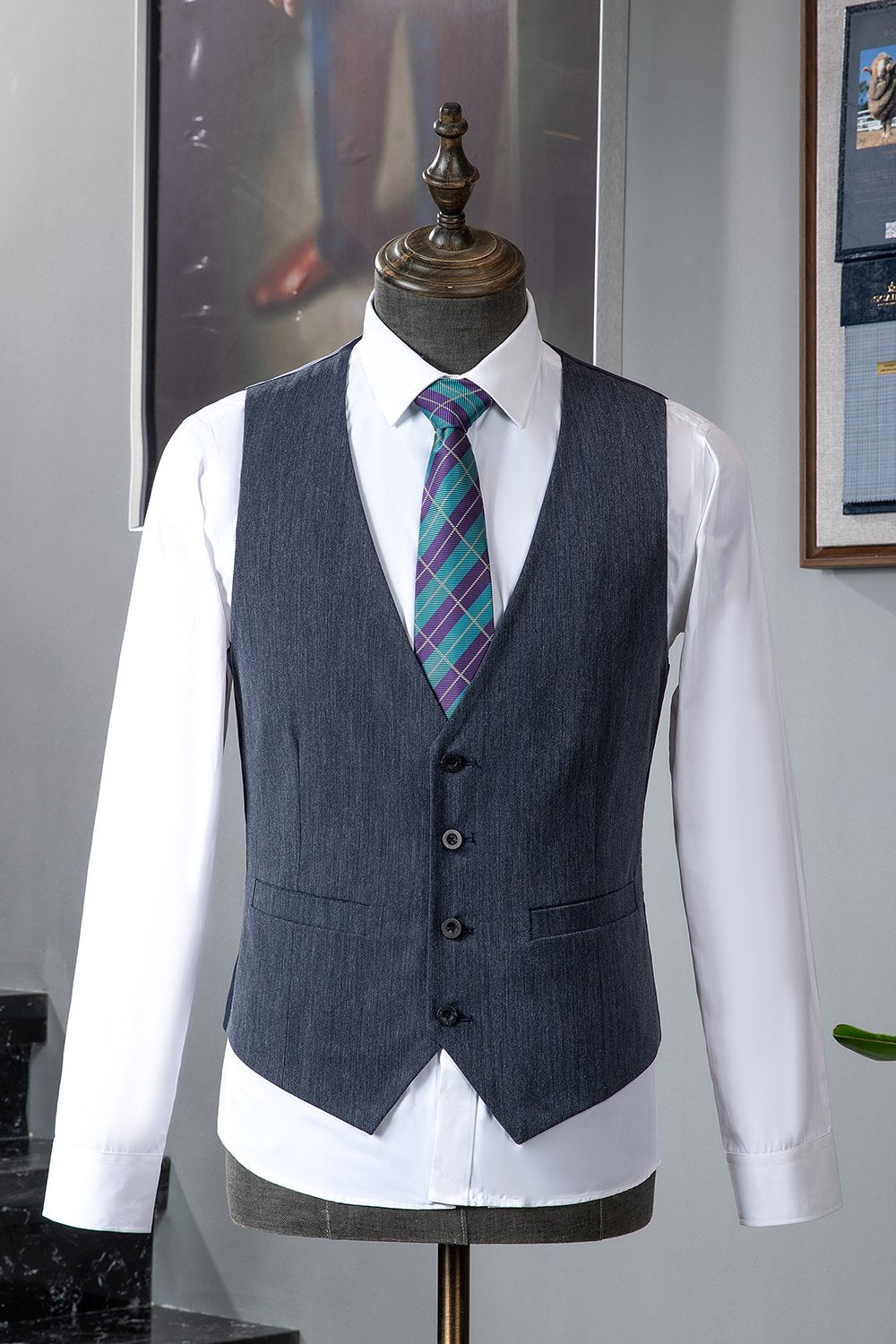 Traje Masculino Gris Azul Solapa de Muescas 3 Piezas