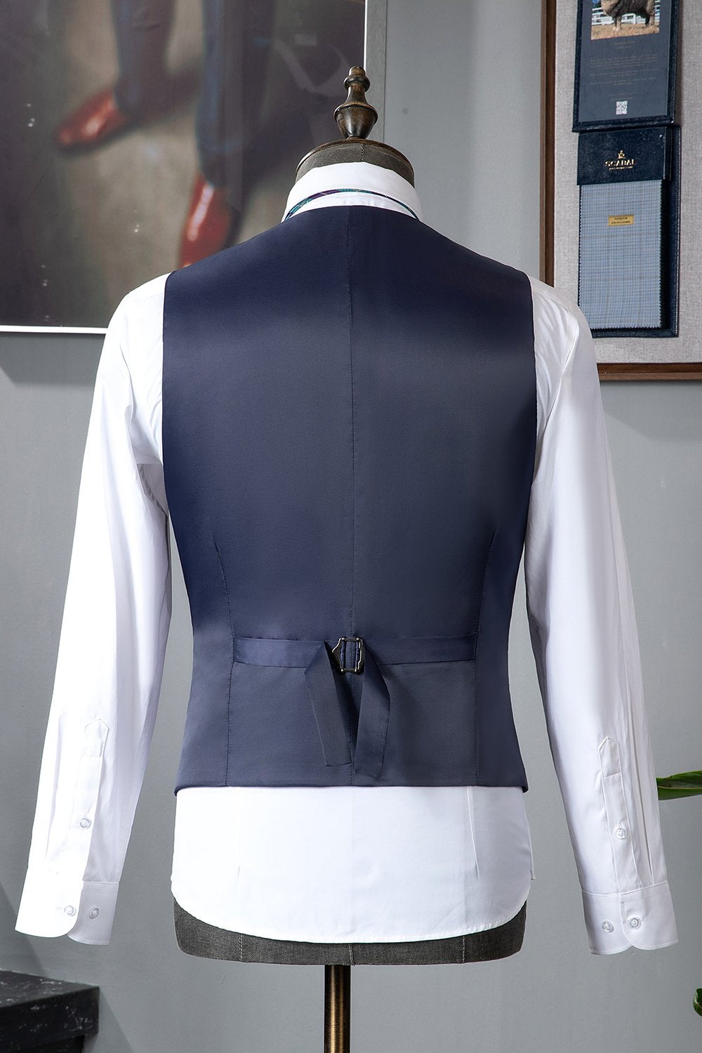 Traje Masculino Gris Azul Solapa de Muescas 3 Piezas