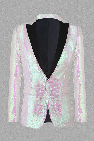 Lentejuelas Blanco Solapa de Pico Blazer de Fiesta