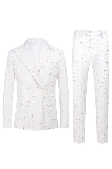 White Plaid Double Breasted 2 piezas Trajes de fiesta para hombres