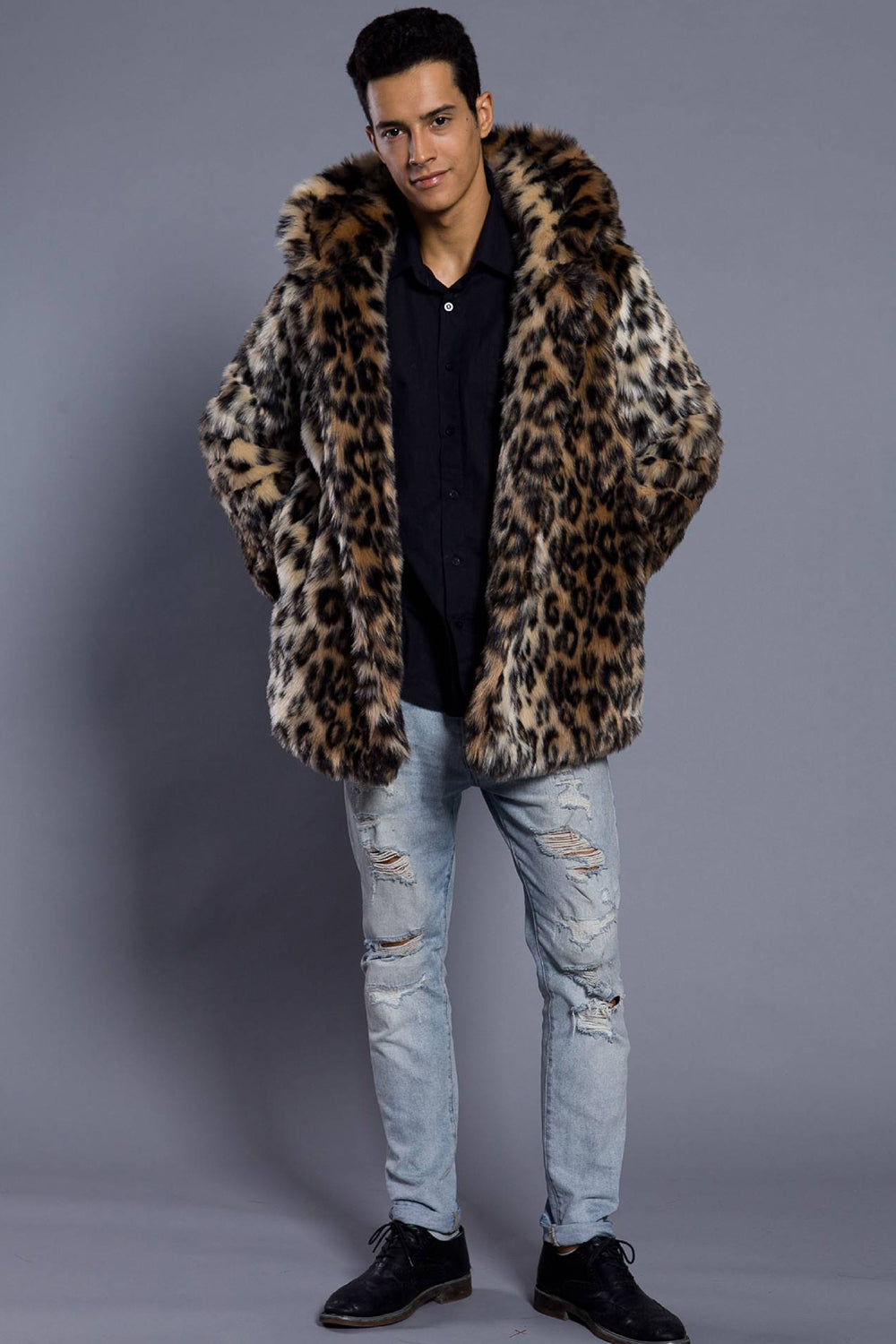 Abrigo de hombre de piel sintética largo con cuello de solapa abierta marrón