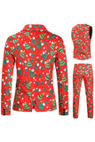 Trajes de fiesta de un botón rojos de 3 piezas estampados en Navidad para hombre