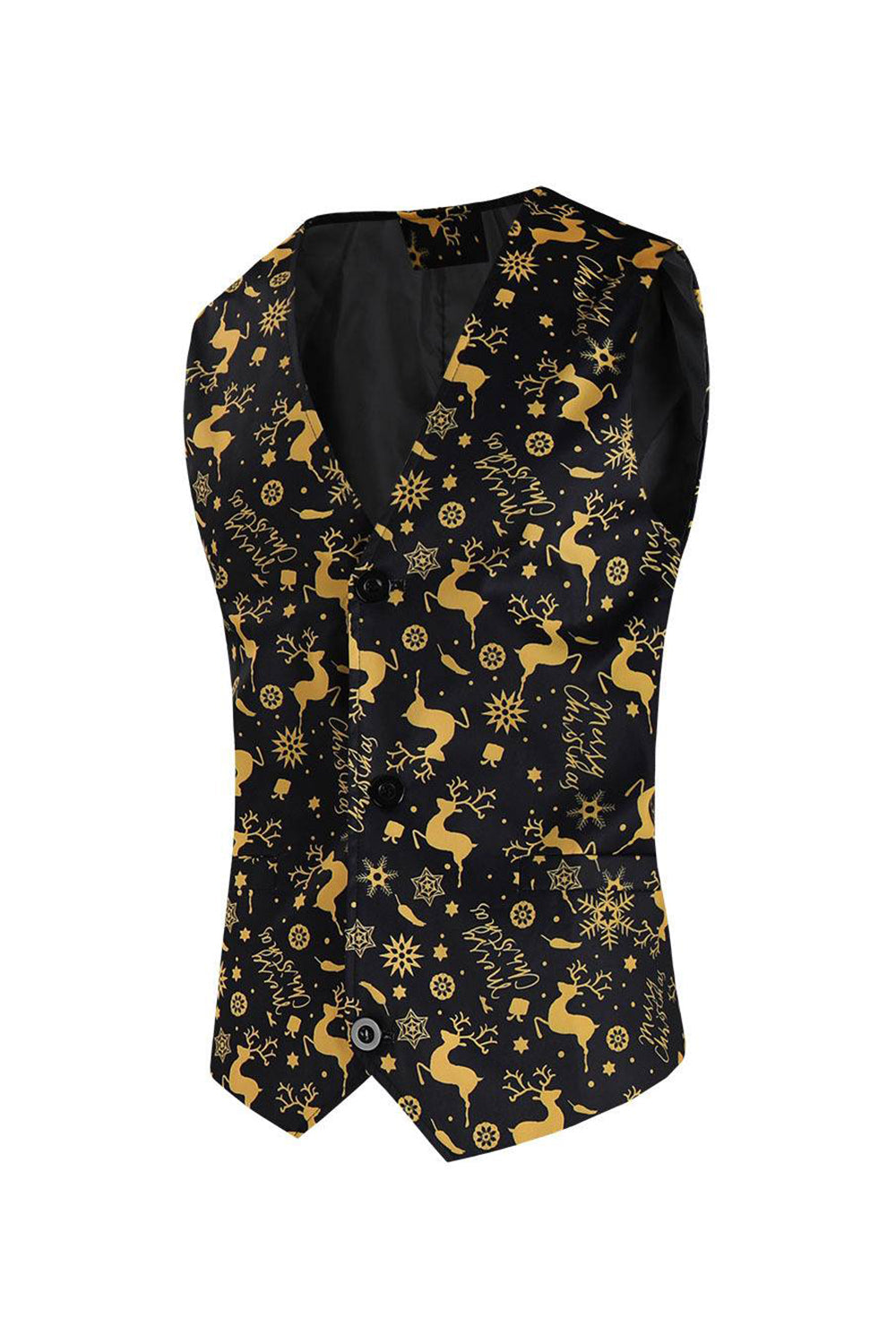 Trajes de fiesta de un botón negros de 3 piezas con estampado navideño para hombre