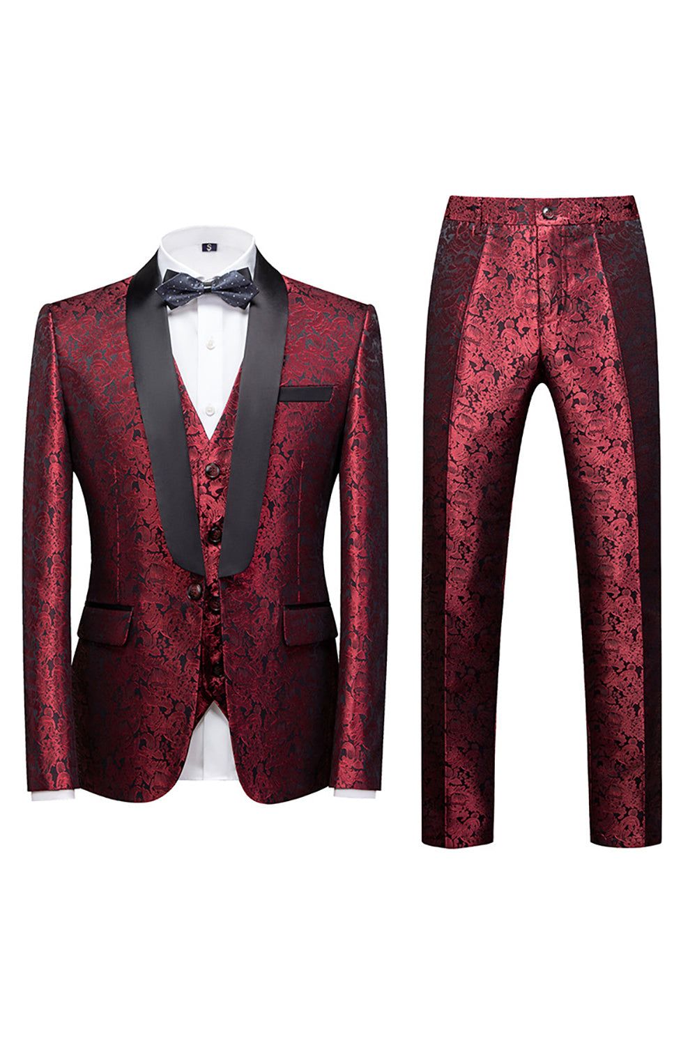 Trajes de fiesta de solapa de chal jacquard negro de 3 piezas para hombre