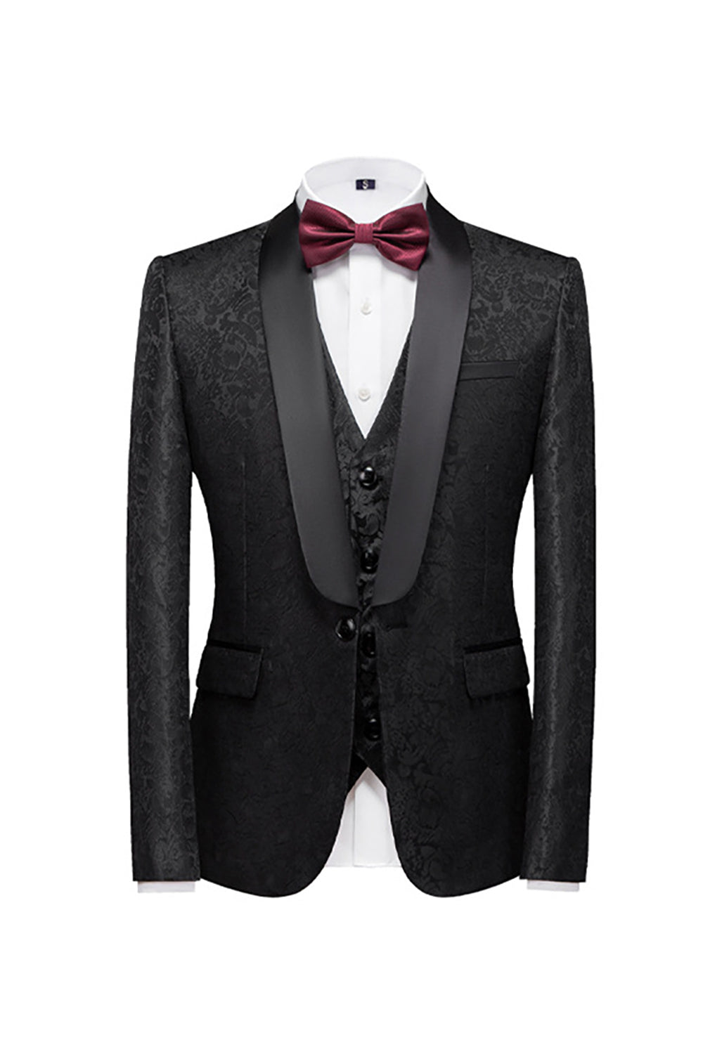 Trajes de fiesta de solapa de chal jacquard negro de 3 piezas para hombre