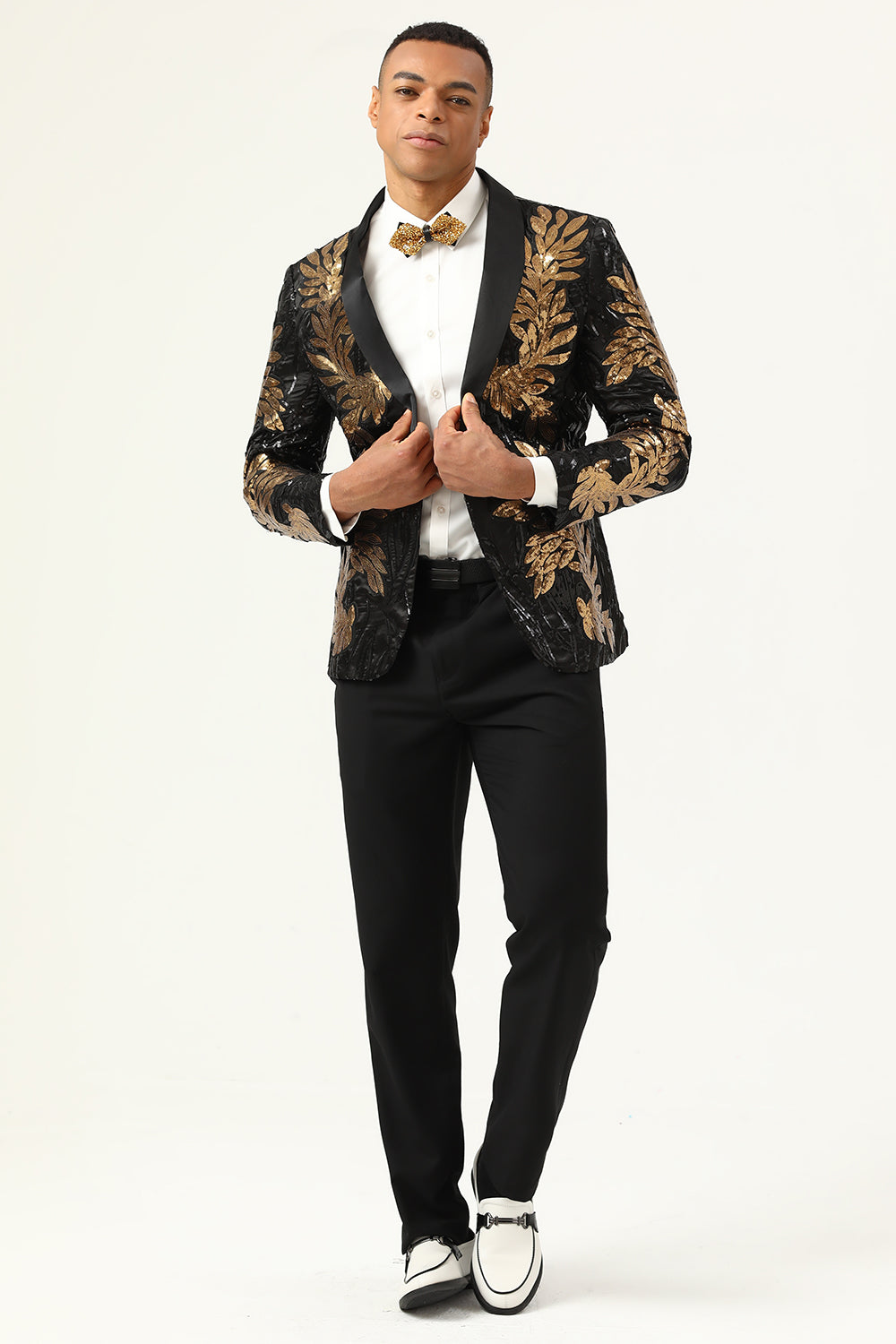 2 Piezas Negro y Dorado Jacquard Lentejuelas Trajes de Fiesta