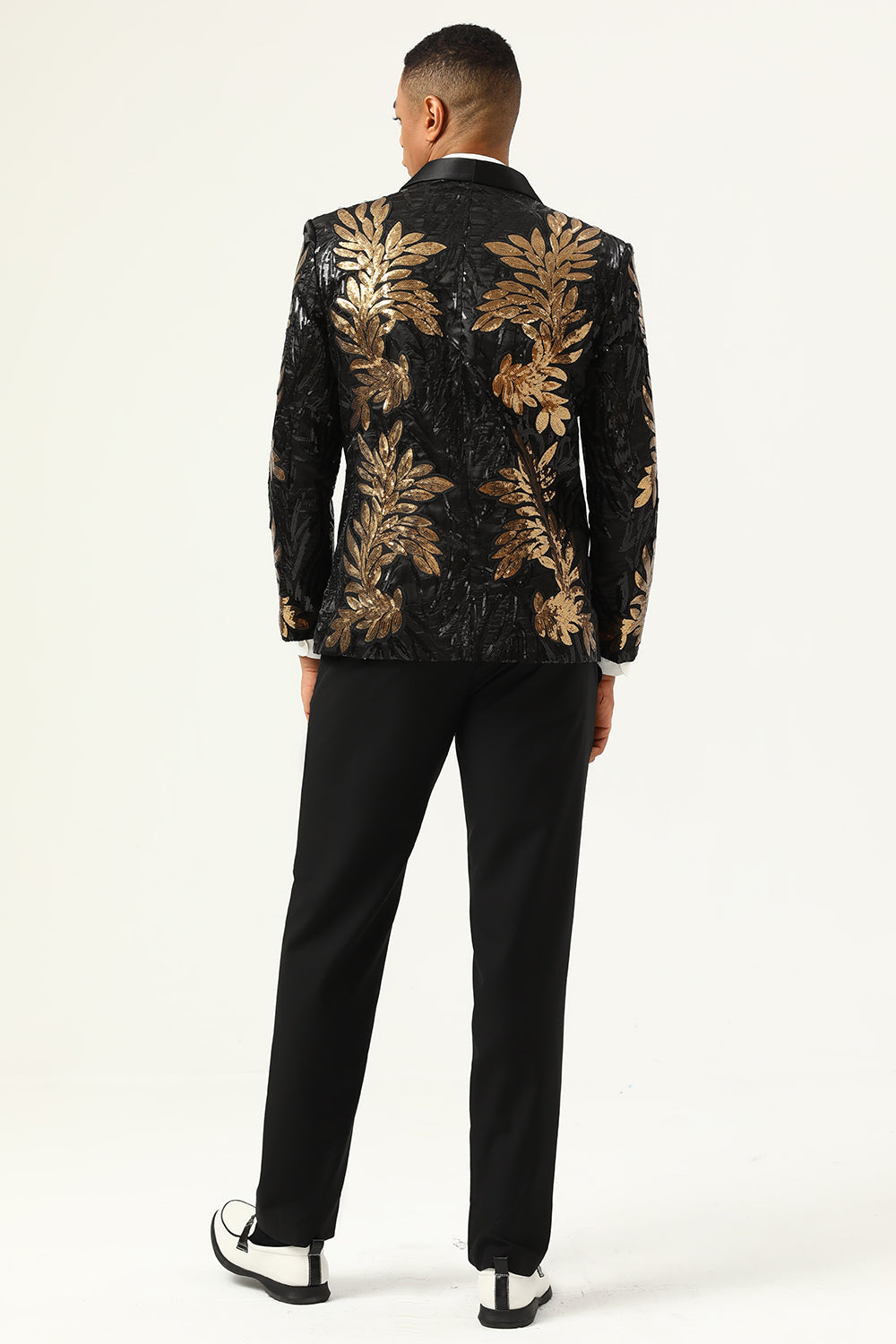 2 Piezas Negro y Dorado Jacquard Lentejuelas Trajes de Fiesta