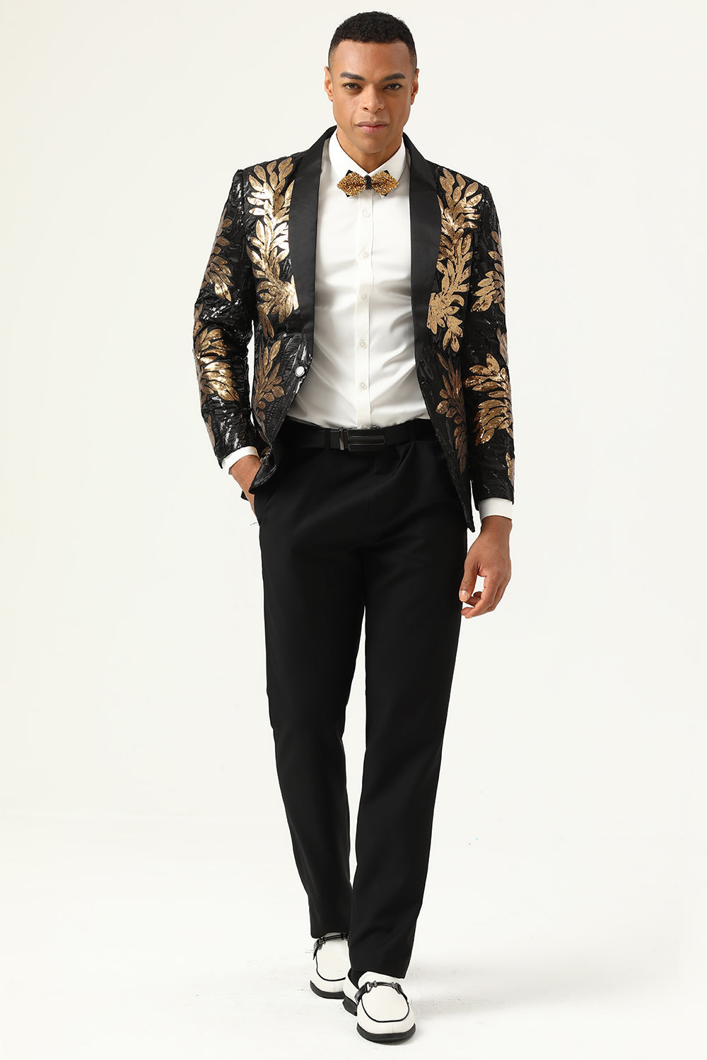 2 Piezas Negro y Dorado Jacquard Lentejuelas Trajes de Fiesta