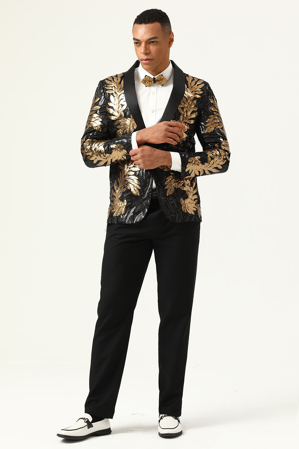 2 Piezas Negro y Dorado Jacquard Lentejuelas Trajes de Fiesta