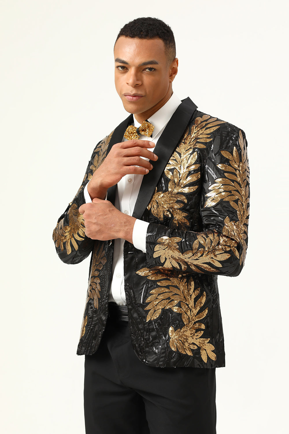 2 Piezas Negro y Dorado Jacquard Lentejuelas Trajes de Fiesta