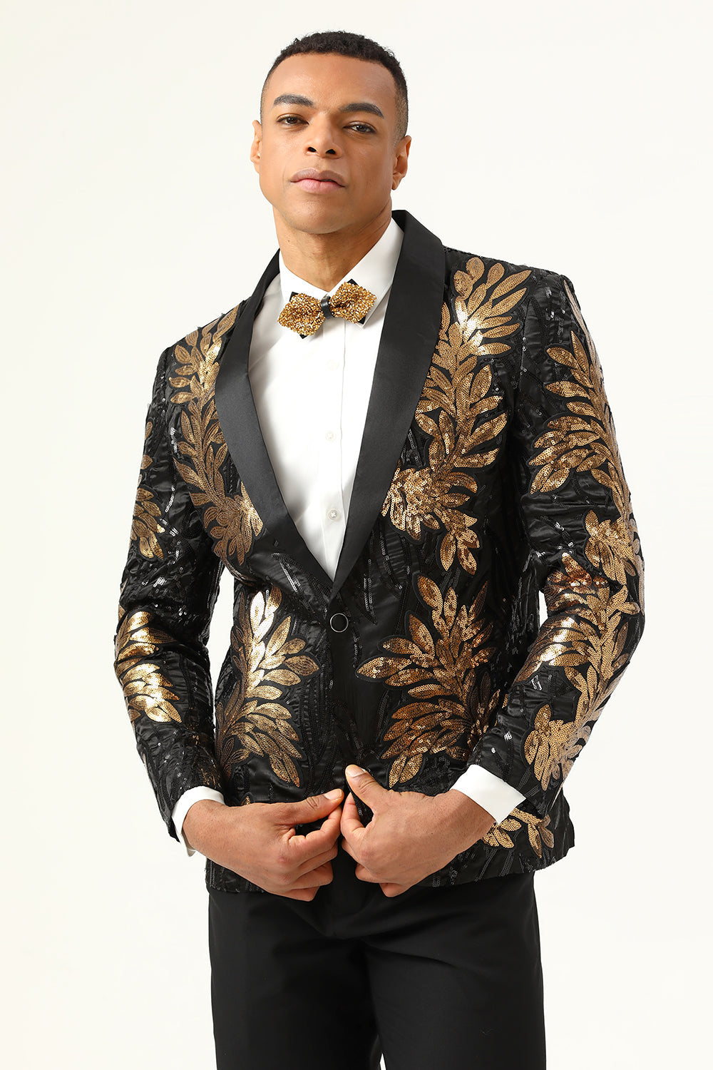 2 Piezas Negro y Dorado Jacquard Lentejuelas Trajes de Fiesta