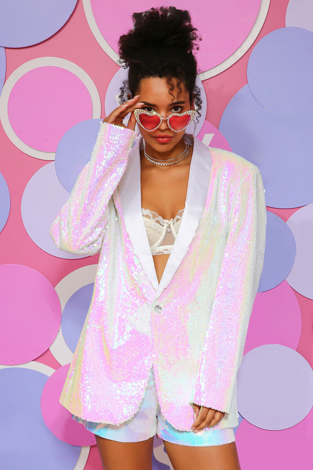 Blazer Lentejuelas Blanca Un Botón