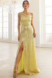 Vestido de lentejuelas un hombro amarillo claro