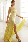 Vestido de lentejuelas un hombro amarillo claro