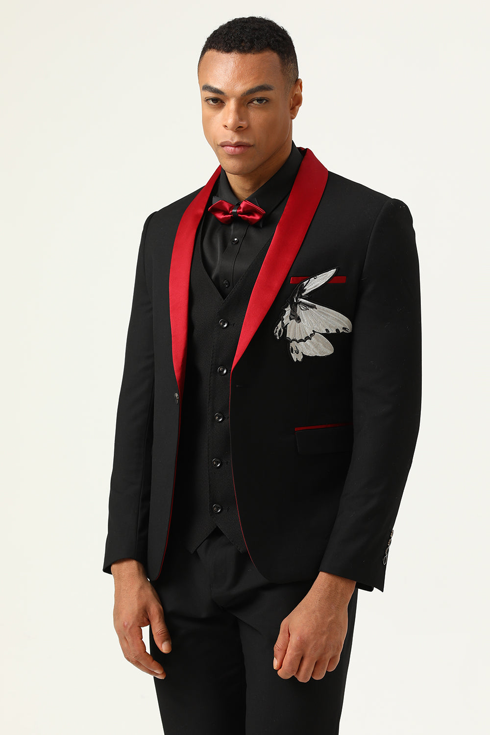 3 Piezas Rojo Negro Trajes de Fiesta Para Hombres