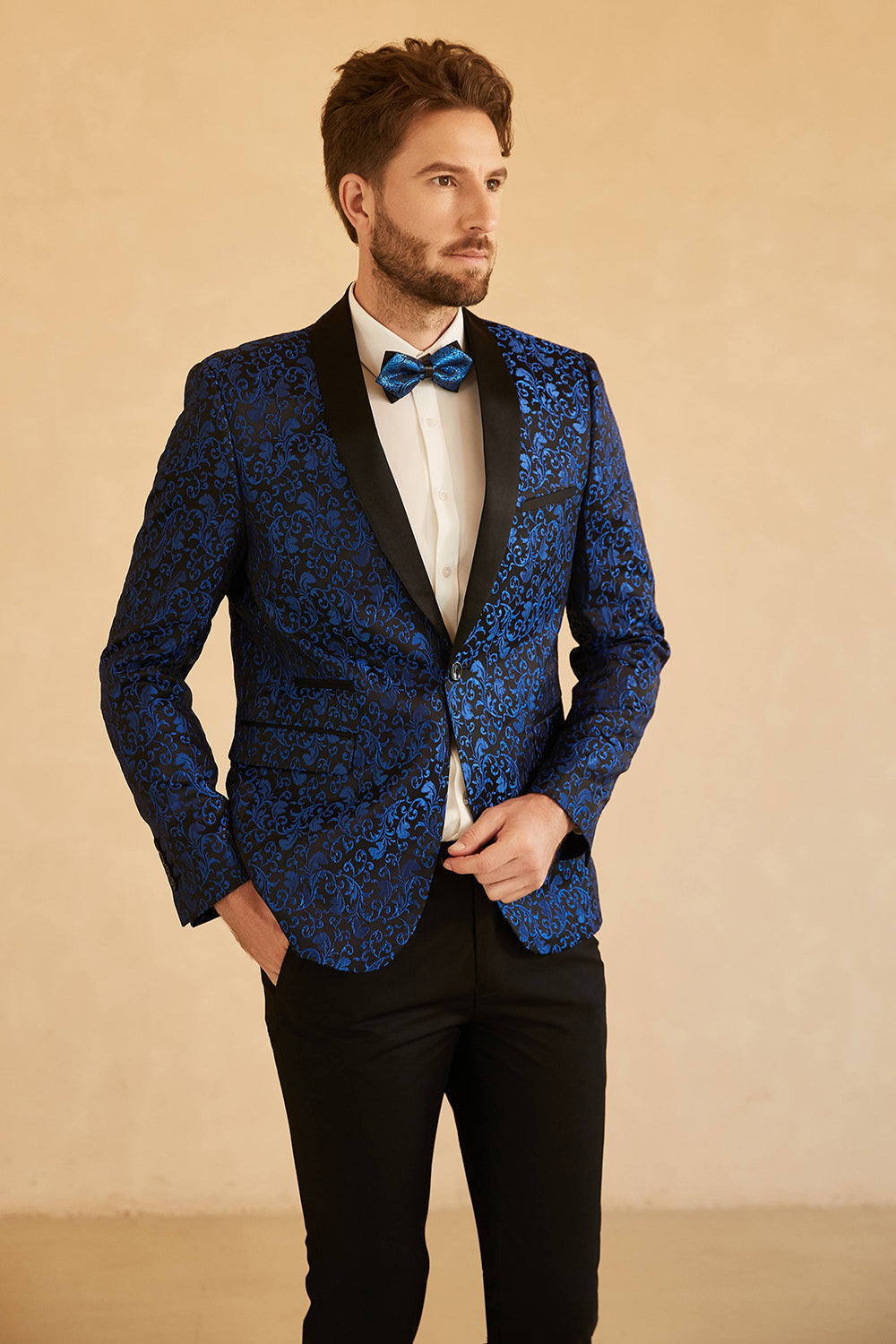 Blanco Solapa Redonda Jacquard Blazer de Fiesta