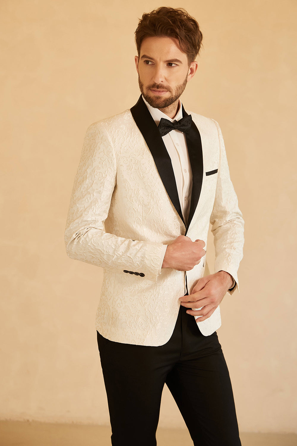 Blanco Solapa Redonda Jacquard Blazer de Fiesta