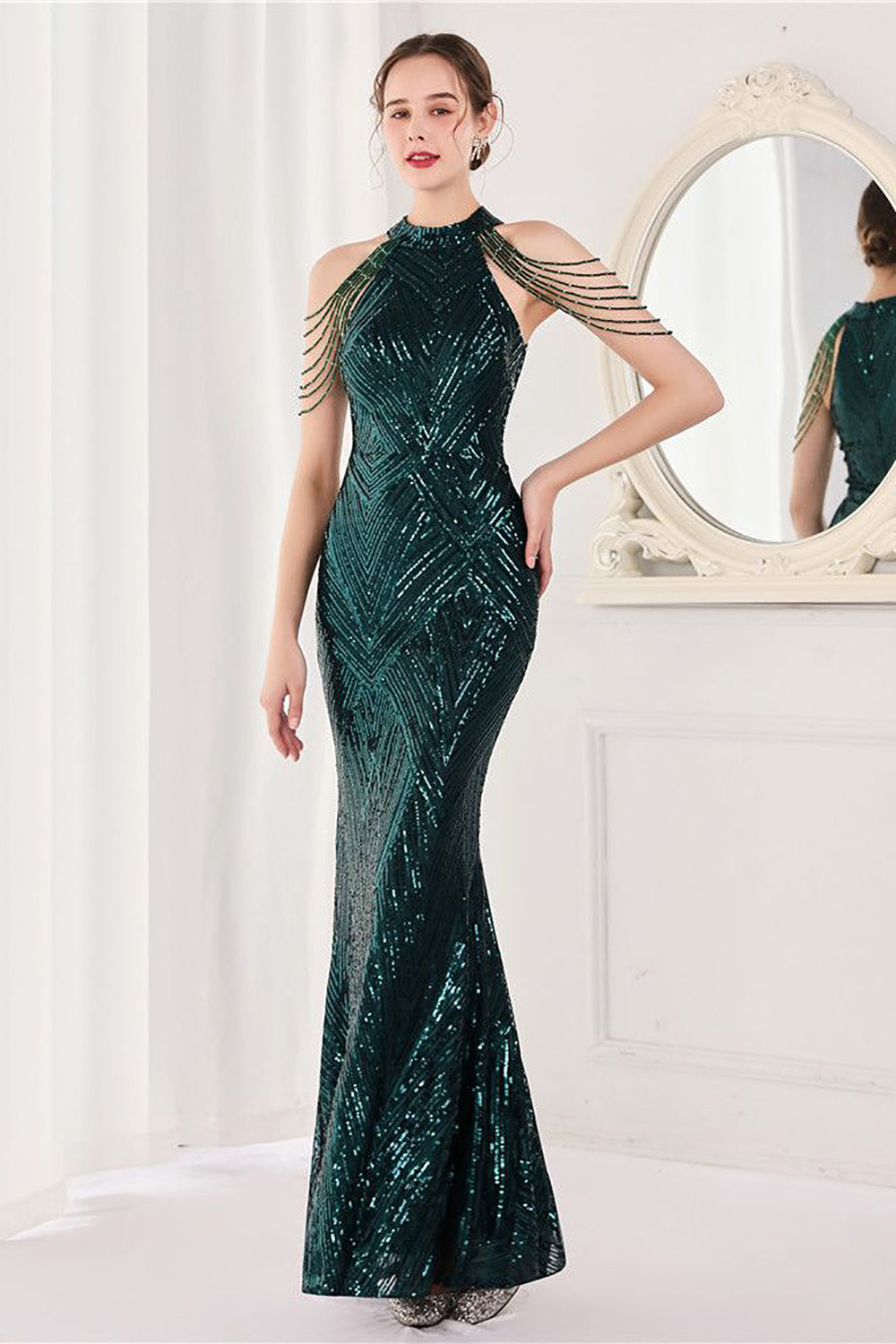Sirena Halter Verde Oscuro Vestido de Fiesta