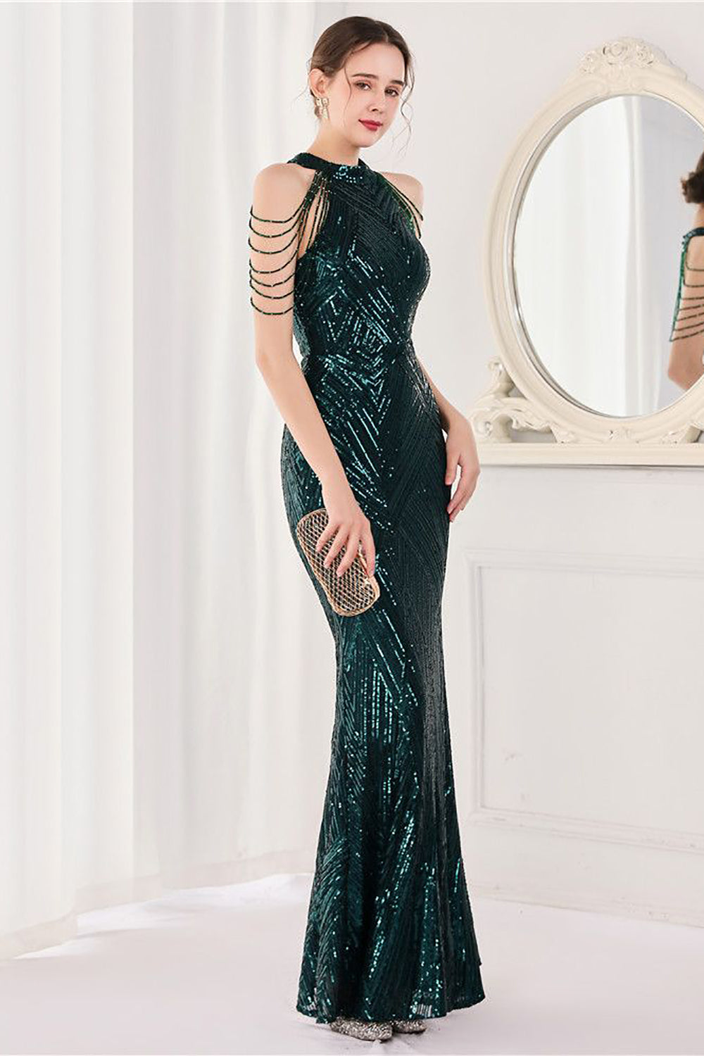 Sirena Halter Verde Oscuro Vestido de Fiesta