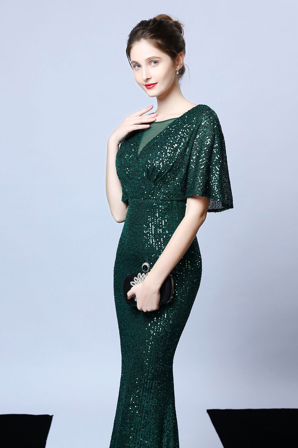Verde oscuro lentejuelas vestido largo de baile