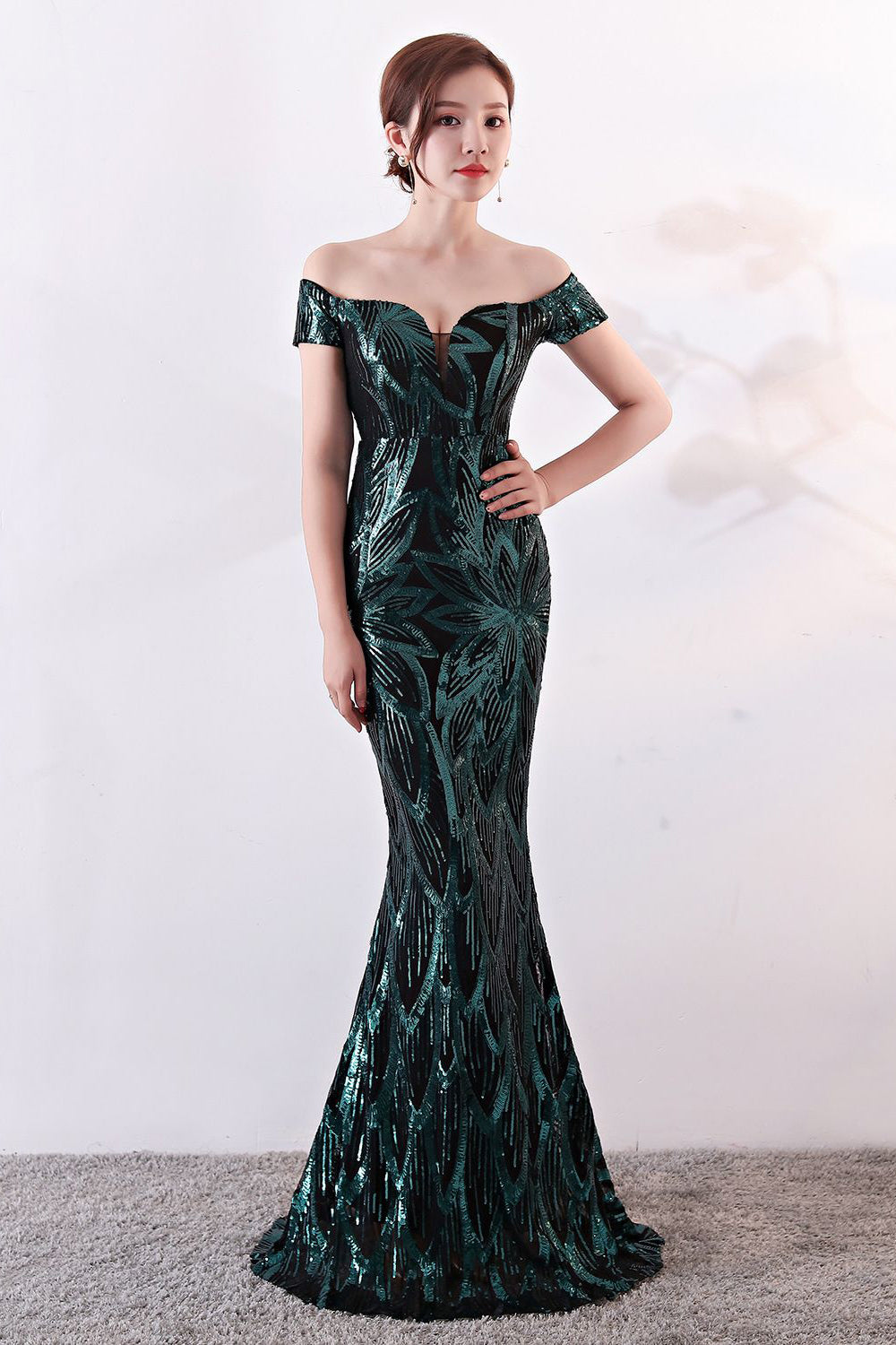 Negro Fuera del Hombro Sirena Vestido de Noche