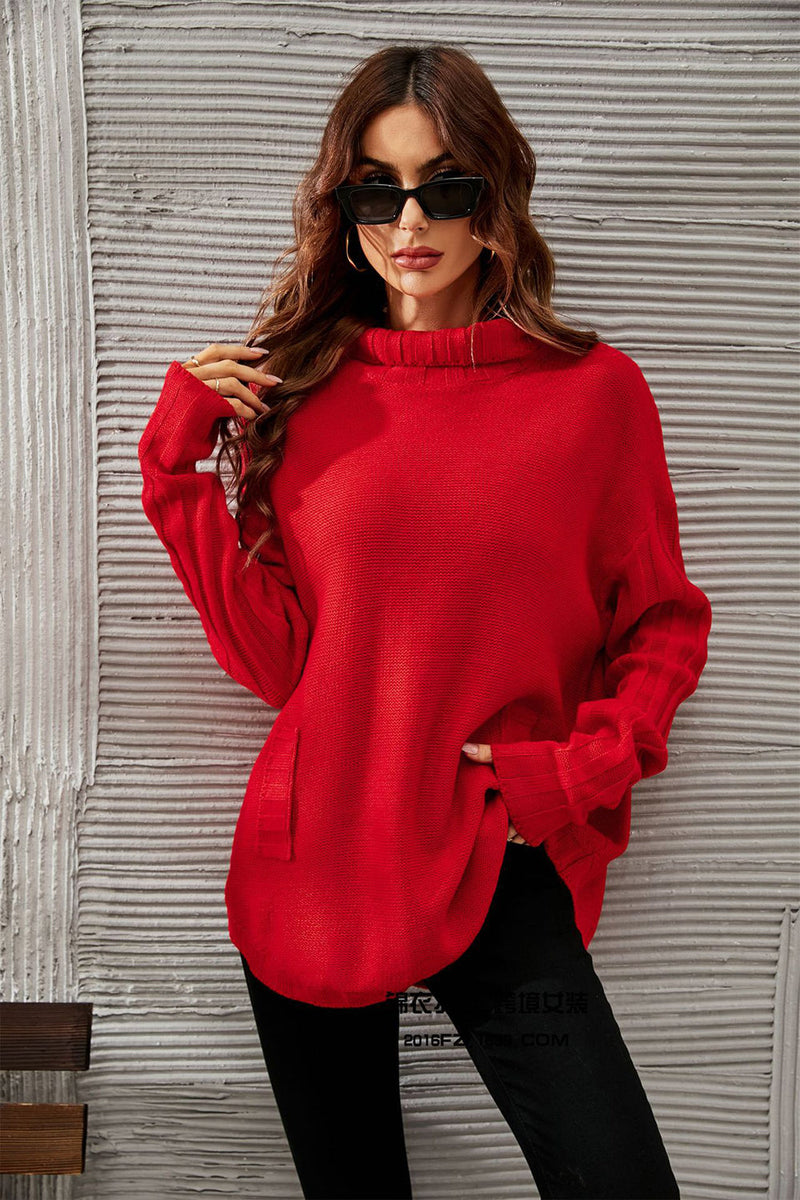 Suéter de punto de cuello alto para mujer, jersey rojo de moda