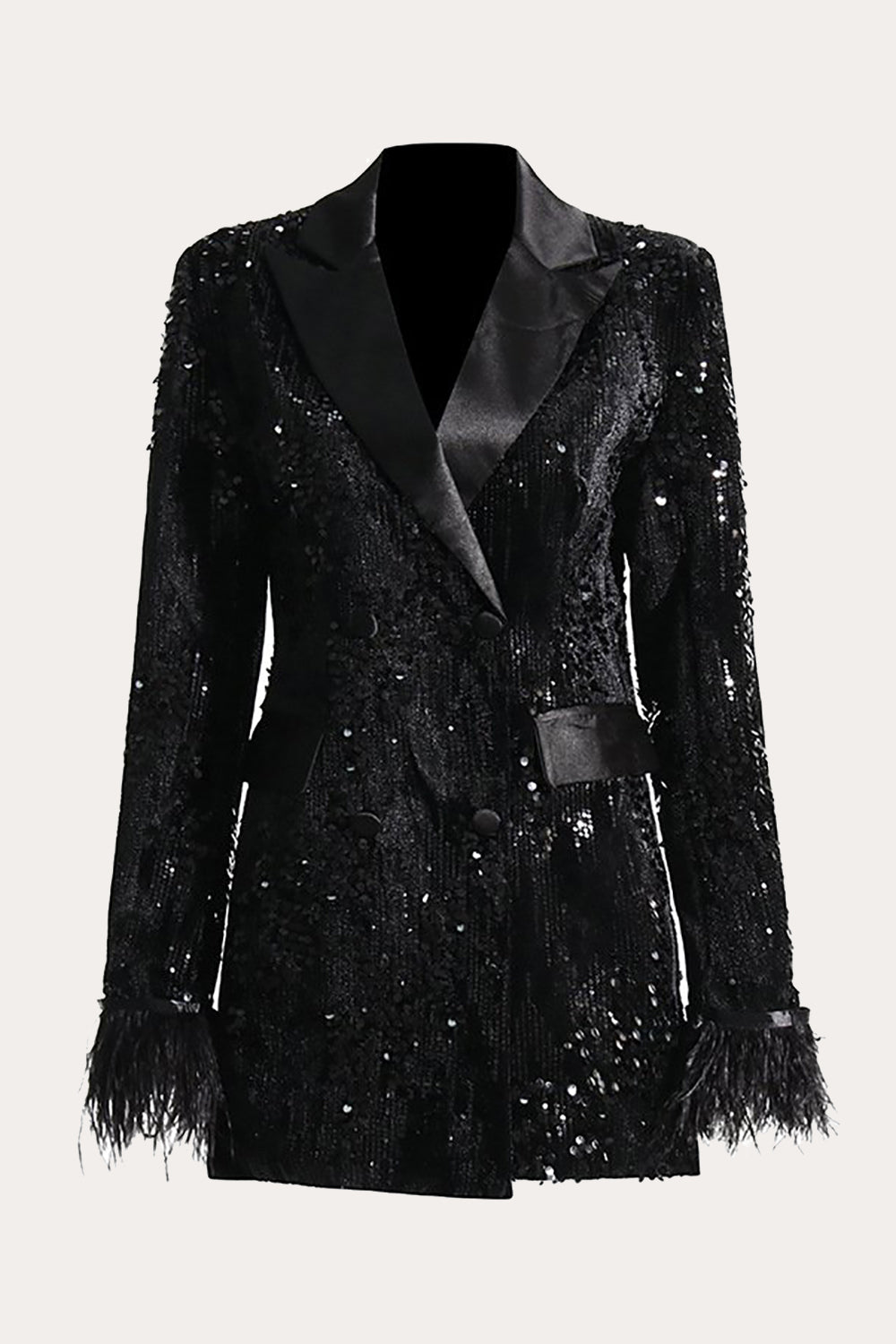 Lentejuelas negras Glitter Blazer de bienvenida para mujer con plumas