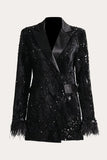 Lentejuelas negras Glitter Blazer de bienvenida para mujer con plumas