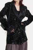 Lentejuelas negras Glitter Blazer de bienvenida para mujer con plumas