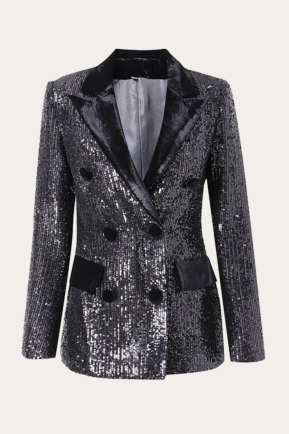 Lentejuelas negras brillantes Blazer de baile de graduación para mujer de doble pecho