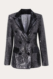 Lentejuelas negras brillantes Blazer de baile de graduación para mujer de doble pecho