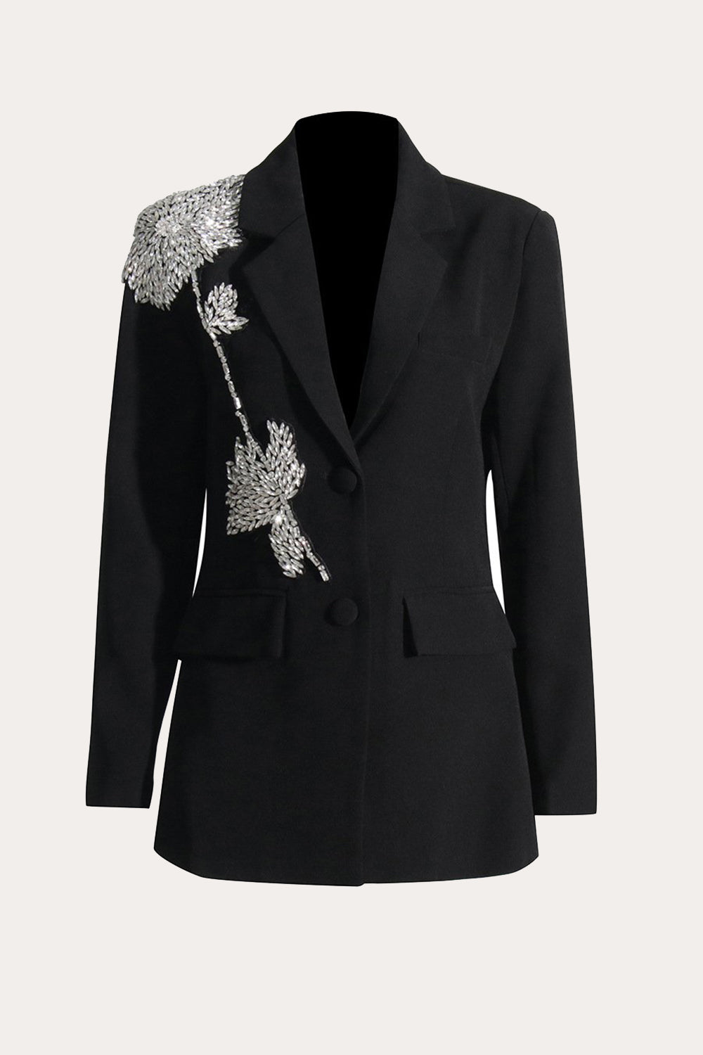 Blazer de baile de graduación para mujer con muescas con cuentas negras brillantes